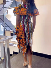 Elegant Print Ruffle Package Hip Dress